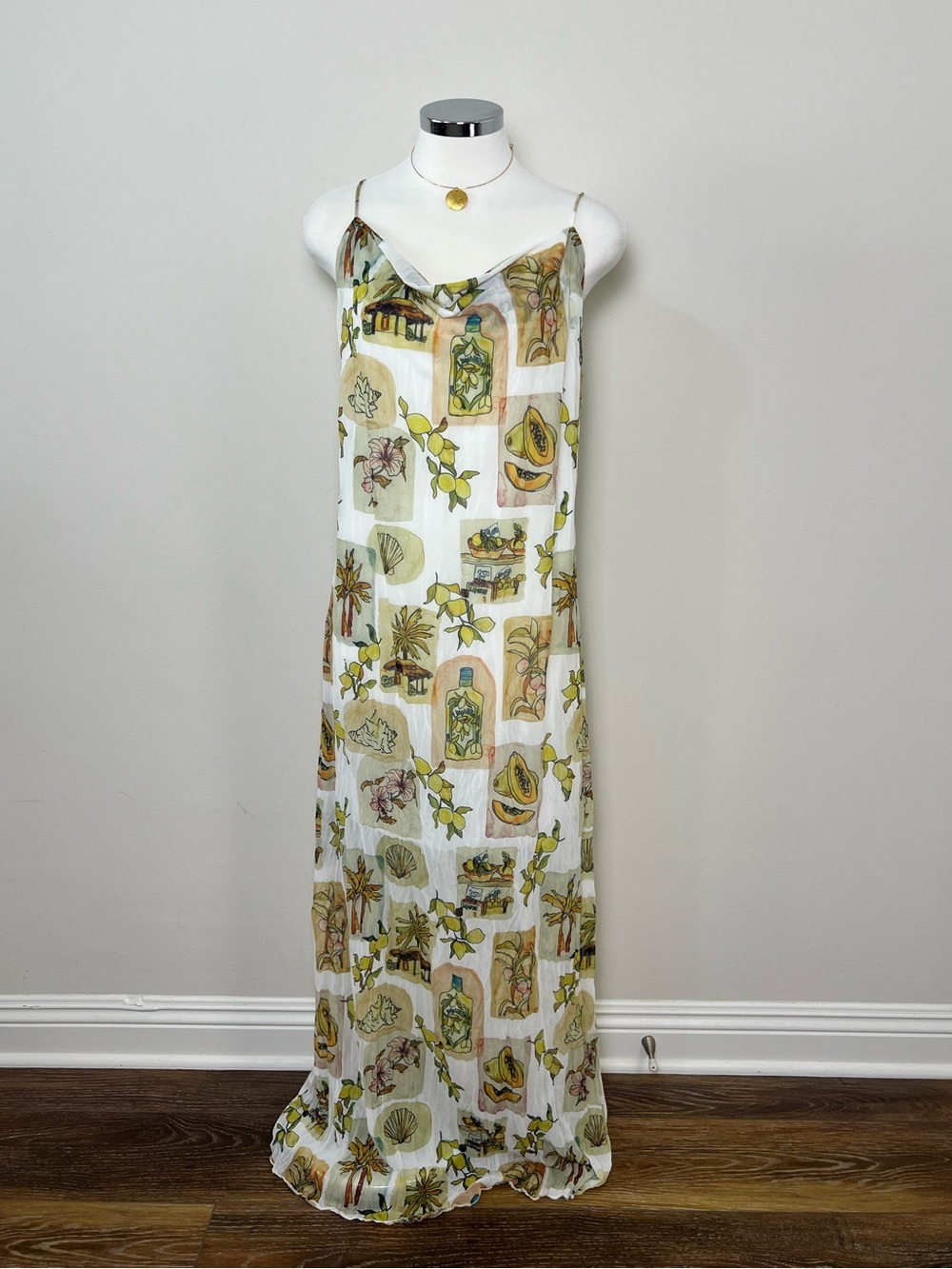 Topshop Crinkle Satin Postcard Print Maxi Dress Cowl Neck Vacation Size 12